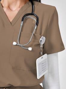 TaskEZ Conjunto de uniforme de pijama médico con top de manga corta y pantalones - Marrón - Ver 4
