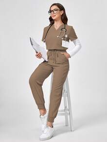 TaskEZ Conjunto de uniforme de pijama médico con top de manga corta y pantalones - Marrón - Ver 6