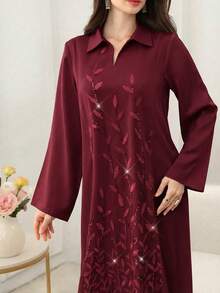Yasmyna Damen Frühling/Sommer aprikotfarbenes, gewebtes Maxikleid mit langen Ärmeln, Einsätzen, Stickerei, Pailletten und Mesh, eleganter türkischer Stil & arabische traditionelle Abaya - Bordeaux - Übersicht 3