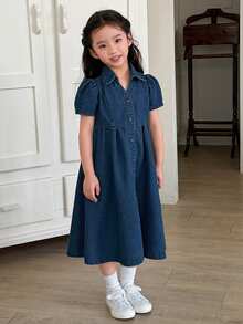 Girls' Casual Turndown Collar Washed Korean Style Versatile Solid Color Denim Dress - Blue - View 4