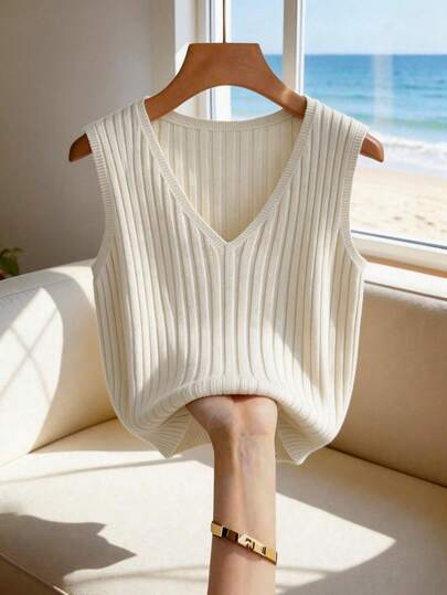 Franclia Nuevo cárdigan sin mangas de punto acanalado de estilo coreano informal y holgado de color crema, con diseño de cuello en V elegante, versátil para uso diario, trabajo, estilo francés relajado, encanto minimalista, top de punto moderno para mujeres de oficina