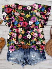 EMERY ROSE Women's Casual Floral Print Cap Sleeve Blouse, Summer Women Spring Outfit - Multicolor - View 2