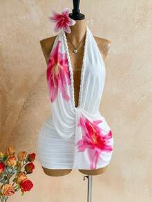 Soleia Đầm nữ in hoa, cổ chữ V sâu, xếp ly, gợi cảm, thích hợp cho kỳ nghỉ. - trắng - Xem 1