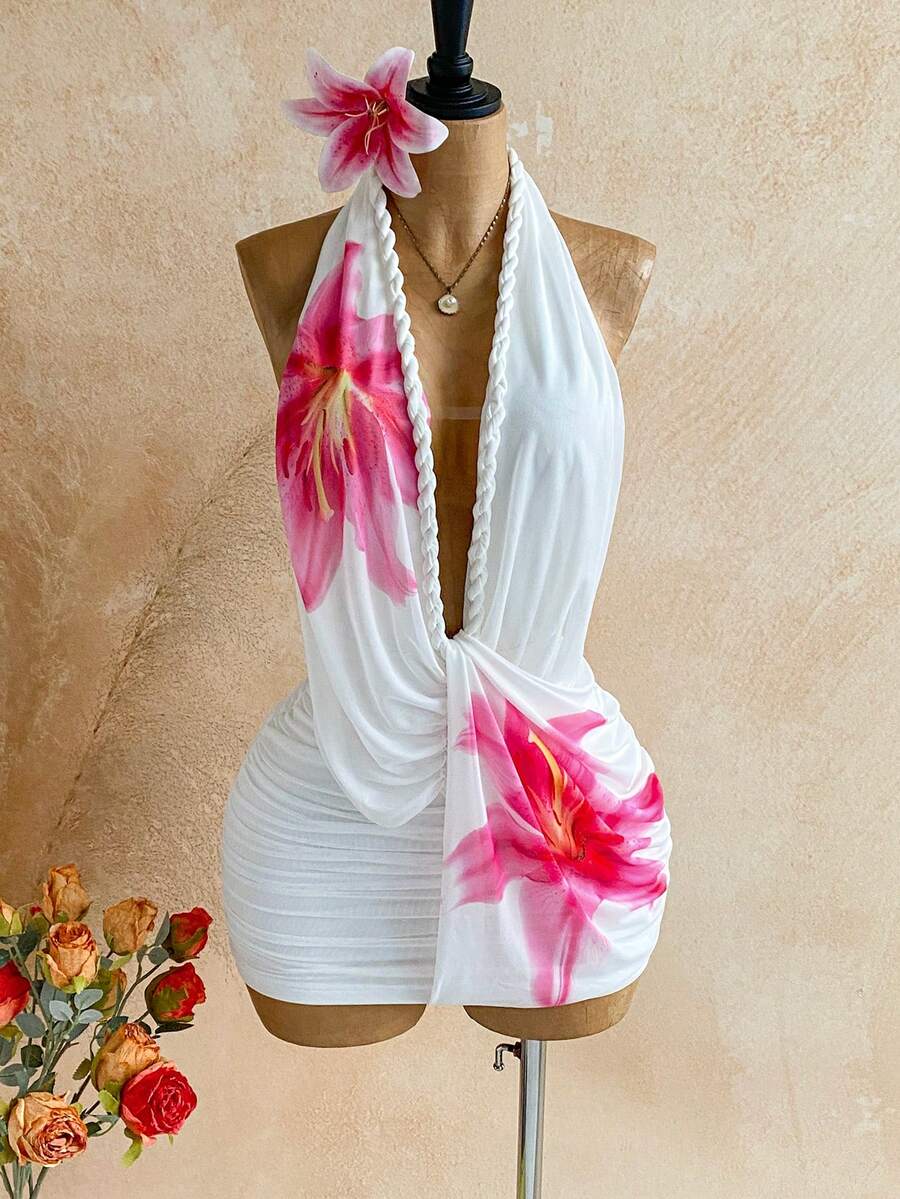 Soleia Đầm nữ in hoa, cổ chữ V sâu, xếp ly, gợi cảm, thích hợp cho kỳ nghỉ. - trắng - Xem 1