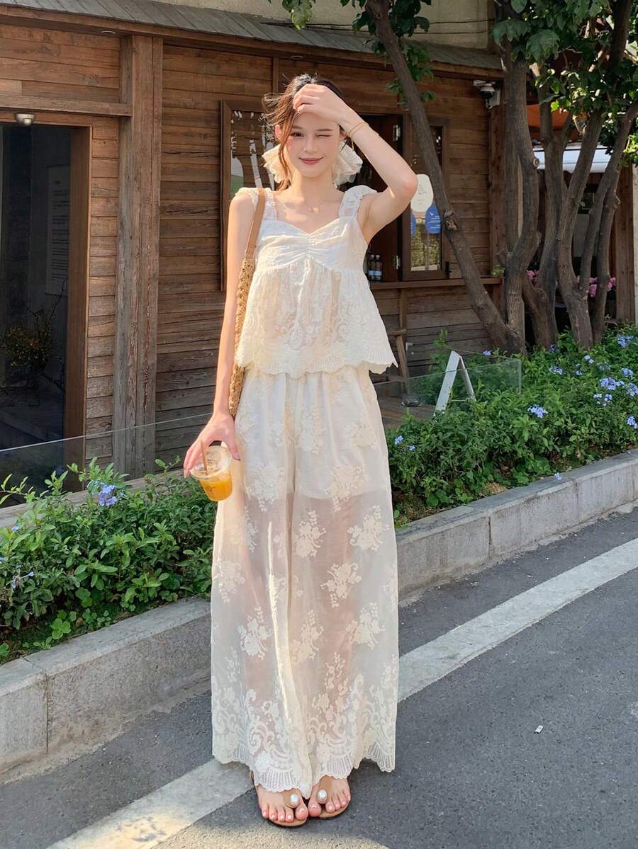 DAZY 2pcs Women Camisole Top + Loose Embroidered Wide Leg Pants Set - White - View 1