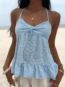 Flirla Maglietta casual versatile da donna con motivo floreale, arricciatura e collo alla halter - Blu - Visualizzare 6