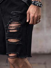 Skyrend Men Loose Fit Ripped Raw Hem Denim Shorts Distressed Design Jortsemo - Black - View 7