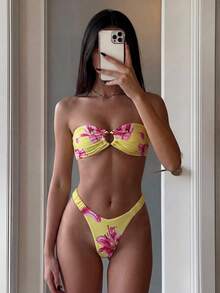 Costavie Women's New Printed Halter Hollow Front Swimwear Top With Elastic Waist Swim Bottoms, Sexy Swimwear Set - Multicolor - View 2