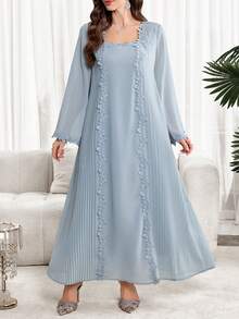 Al Najma Plus Size Women's Solid Color Embroidered Square Neck Elegant Long Sleeve Arabic Style Dress - Blue - View 4