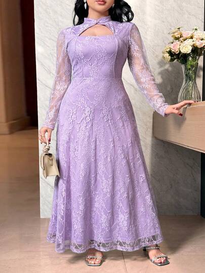 Feyla Plus Size Women's Mandarin Collar Hollow-Out Lace Patchwork Elegant Waist Cinched Party Dress