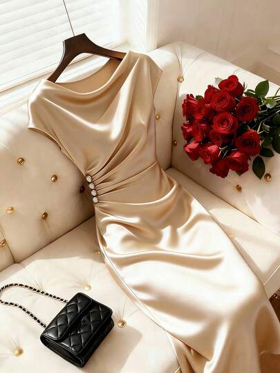 Franclia Đầm dài thanh lịch mới dành cho nữ, kiểu cổ tàu, màu sâm panh, chất liệu satin, thích hợp cho các buổi hẹn hò và tiệc tùng.