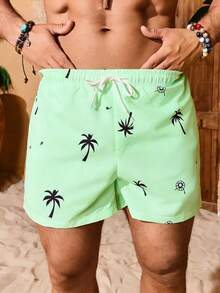 Manfinity KASUA Pantalones cortos de playa con estampado de palmeras, cintura con cordón y bolsillos para hombre, vacaciones - verde menta - Ver 3