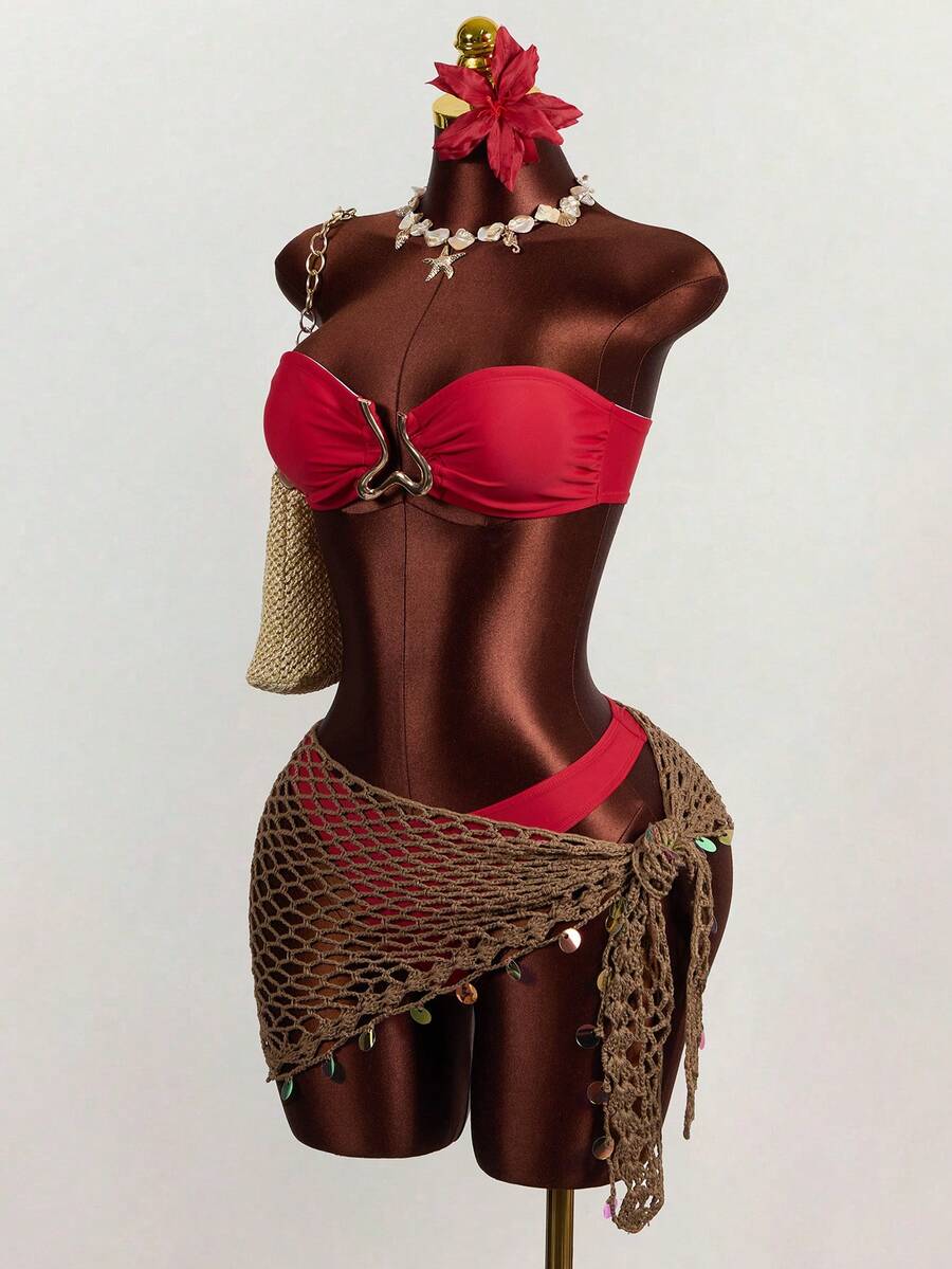 Zestiva 闪亮镂空沙滩三角围巾罩衫，女士夏季 - 卡其色 - 查看 1