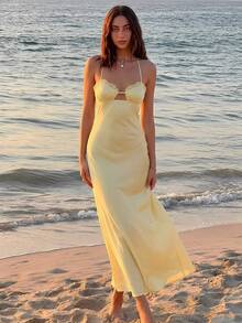 Aloruh Vestido elegante y romántico para cita/boda, vestido de satén sin espalda de color amarillo gris sólido con parches de encaje, amarillo crema - amarillo ganso - Ver 1