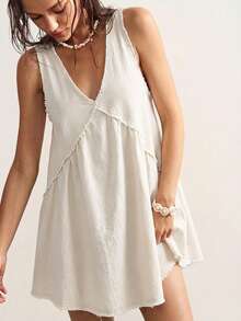 Bohemela 大码女式V领无袖牛仔连衣裙 - 杏色 - 查看 5