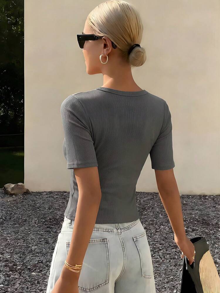 Women's Summer Square Neck Fitted Ribbed Casual Short Sleeve T-Shirt