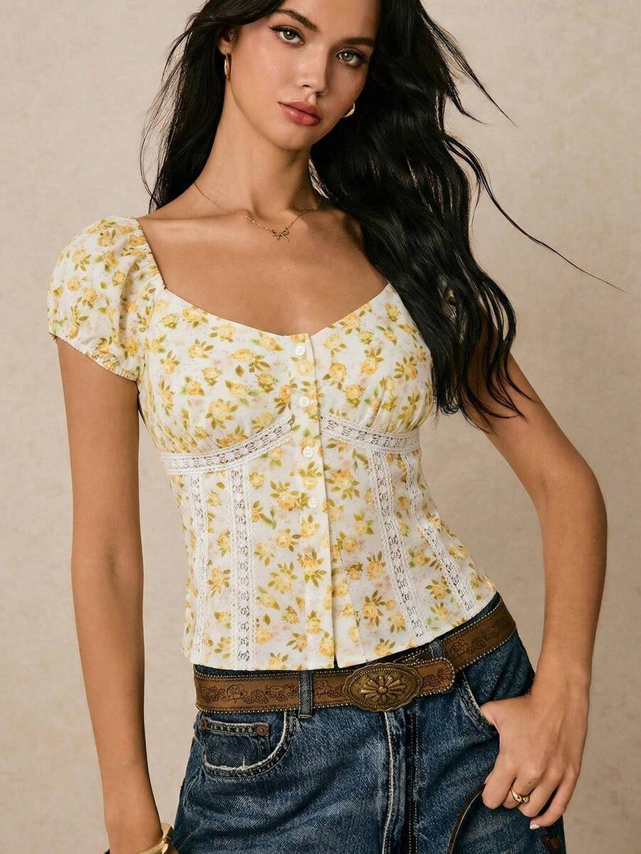 Poéselle 女士复古花卉蕾丝边束腰荷叶边上衣 – 心形领泡泡袖上衣 花卉束腰上衣 蕾丝边上衣 泡泡袖上衣 田园风衬衫 心形领口上衣 复古花卉上衣 夏季荷叶边上衣 浪漫蕾丝上衣 时尚优雅 梭织数码印花花卉上衣 心形领口上衣 女士夏季衬衫 女士夏季上衣 娃娃衫上衣 - 彩色 - 查看 1