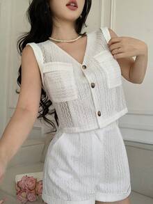 EMERY ROSE Conjunto de 2 peças para mulheres, composto por Colete sem mangas com decote em V, bolsos duplos e barra dobrada, e Shorts de cintura alta com bolsos duplos. Conjunto de Verão Branco de 2 Peças para Mulheres, Conjunto de Shorts Brancos para Mulheres, Conjunto de Roupas de Férias para Mulheres, Conjunto de Roupas de Verão para Mulheres, Conjunto de Roupas de Praia para Mulheres - Branco - Visão 8