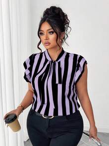 Elenzga Blus Lengan Pendek Bergaris Hitam Putih Ukuran Besar untuk Kasual/Kerja - Mauve Purple - View 6