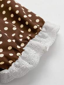 Sweetra Fashionable French Style Polka Dot V-Neck Short Sleeve Waist Cinched Dress - Brown - View 4