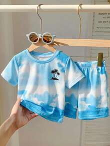 男婴休闲椰树印花短袖T恤短裤套装，适合夏季穿着 - 白色 - 查看 8