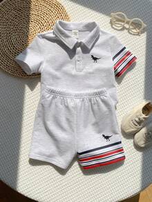 SHEIN 2 pièces/set Ensemble Top à col polo rayé et short pour bébé garçon, imprimé de dessin animé mignon d'été en tricot, tenue de sport décontractée - Multicolore - Voir 4