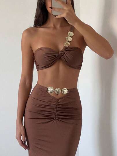 Costavie Swim Oasis Hot-Selling New Arrival Elegant Chocolate Brown 3-In-1 Bikini Set With Matching Midi Skirt,Stuning Luxury Glossy Smooth High Shiny Material Fabric, One-Shoulder Bandeau Top With Gold Coin Accents, Ruched Midi Skirt With Gold Waist Detail, Sexy Thong Bottom, Perfect For Summer Beach Vacation, Pool Party, Resort Wear, Sunbathing, Music Festival, And Stylish Mod&Vcay Vibes
