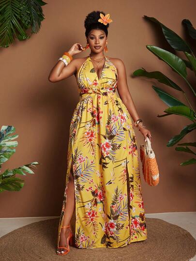 Maweii Plus Size Floral Print Halter Neck Slit Casual Vacation Dress