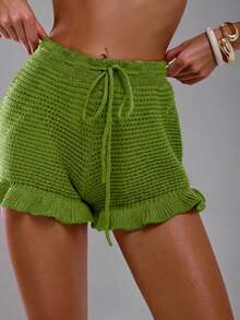 Swim Glamine Women's Solid Color Drawstring Ruffled Hem Knit Cover-Up, Fashionable Summer Beach Sea Green Sexy - Olive Green - View 3