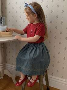 Dazy Kids Young Girl Casual Mori Style Washed Denim Sweet Skirt, Summer, Back To School - Medium Wash - View 2