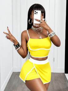 Mistrie Women's Contrast Color Camisole And Shorts Sports Suit - Light Yellow - View 4