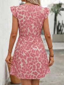 EMERY ROSE Vestido corto de verano con escote en V profundo, volantes en las mangas y cintura ceñida, con estampado de leopardo, estilo sexy de vacaciones para mujer - Rosa - Ver 2