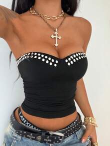 StreetHx Women's Y2K Rhinestone Embellished Cropped Camisole Top - Black - View 5