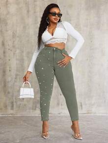 SHEIN SXY Plus Size Pearl Decor Stretchy Green Denim Skinny Pants Formal Holiday Spring Casual - Army Green - View 6