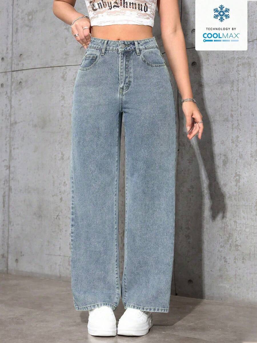 Jeanoix Jeans rectos de pierna con bolsillos en ángulo, lavados, de uso casual diario para mujer - Lavado ligero - Ver 1