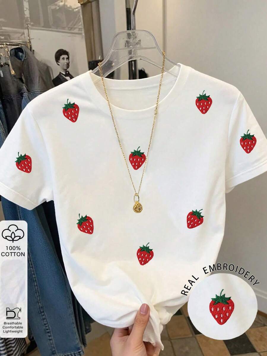 Resyla Women's Strawberry Embroidery Round Neck Short Sleeve Casual T-Shirt - Multicolor - View 1