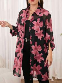 SHEIN Clasi 大码女式花卉印花荷叶边袖单排扣宽松长衬衫 - 彩色 - 查看 3