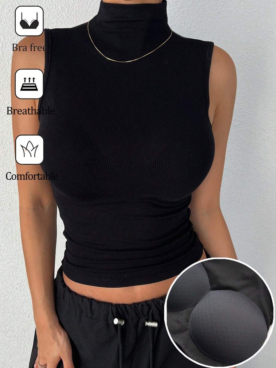 DAZY 女士夏季纯色高领休闲吊带背心，内置衬垫胸罩 - 黑色 - 查看 1