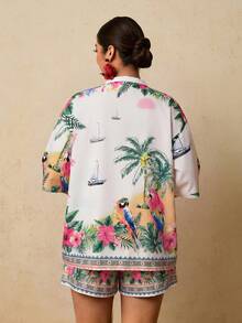 Travachic Plus Size Women Tropical Plant Print Short Sleeve Kimono Shirt And Shorts 2 Pieces Set - White - View 2