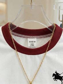 SHEIN Playful Pals 女婴男女通用可爱条纹元素短袖针织圆领套头T恤，适合6-36个月宝宝穿着。这款套头T恤采用条纹和爱心元素设计，休闲简约，适合春夏季节穿着。尺码：6个月-3岁 - 白色 - 查看 6