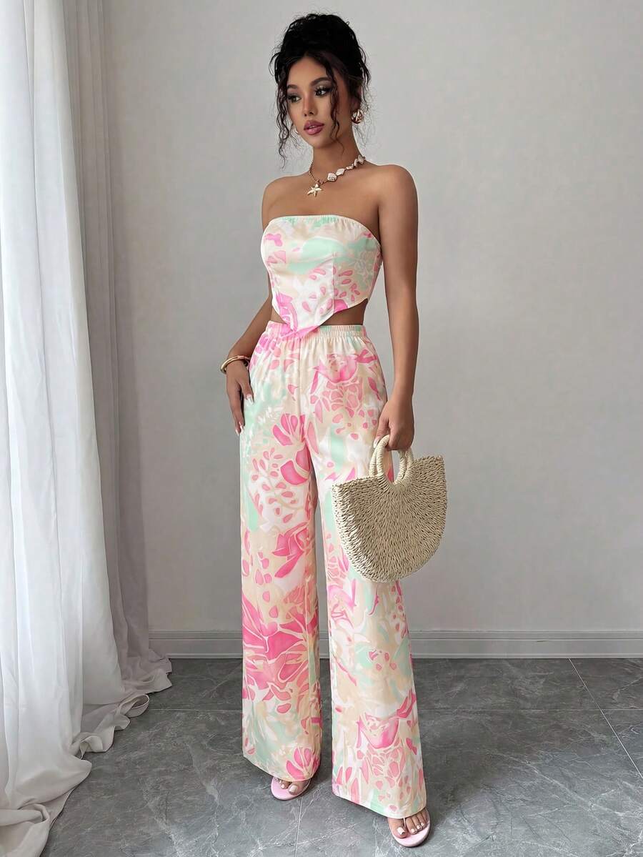 SHEIN Tall Bộ đồ 2 món gồm áo croptop buộc dây cổ và chân váy in họa tiết, thanh lịch và lãng mạn cho kỳ nghỉ. - Nhiều màu - Xem 1