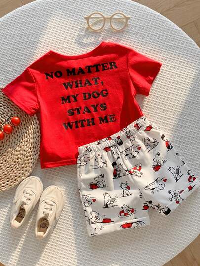 SHEIN Bộ 2 món cho bé trai, áo thun ngắn tay và quần short in hình hoạt hình dễ thương, trang phục thường ngày.