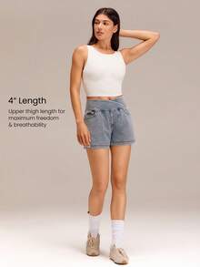 GLOWMODE Quần short denim Luxe PimaSoft Confident Strides 4 inch thoáng khí, cạp chéo, đường may nâng mông, thích hợp mặc hàng ngày vào mùa hè. - Màu xanh nhạt - Xem 5