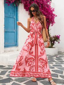 Vivid Eden Vestido Casual de Verão Feminino com Estampa Completa e Decote Halter Sem Costas - Rosa chiclete - Visão 10