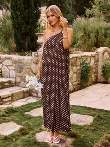 KARISMINA Đầm nữ màu nâu, kiểu dáng thanh lịch, lãng mạn, bất đối xứng, họa tiết chấm bi, thích hợp cho kỳ nghỉ. - màu nâu - Xem 14