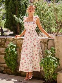 KARISMINA 女士休闲优雅浪漫度假沙滩方领印花弹力腰连衣裙，粉色连衣裙 - 粉色 - 查看 12