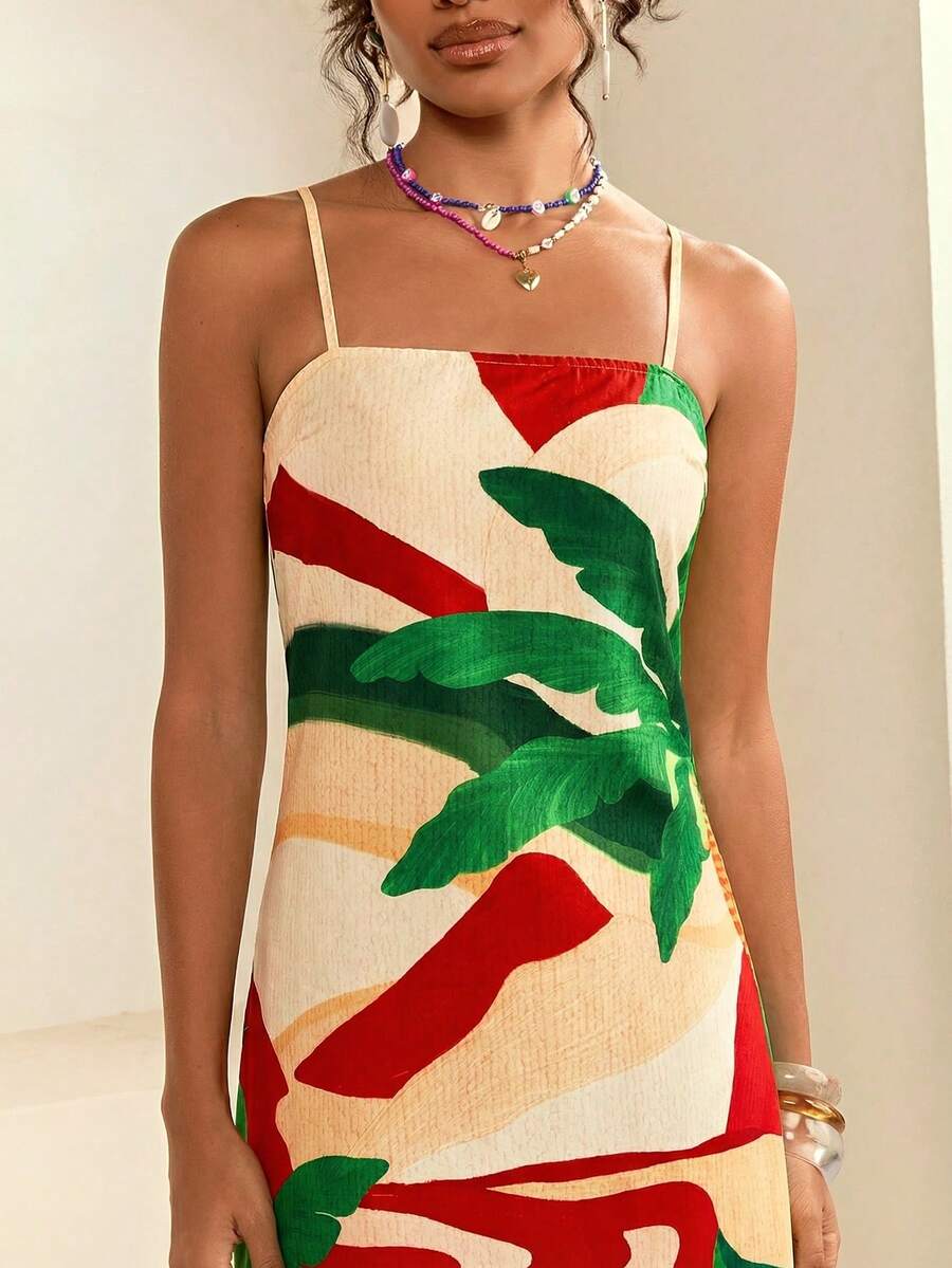 CAJUNI Women's Contrast Color Print Slip Dress, Fashionable,Beige Dress Beach Vacation Summer Tropical - Red - View 1