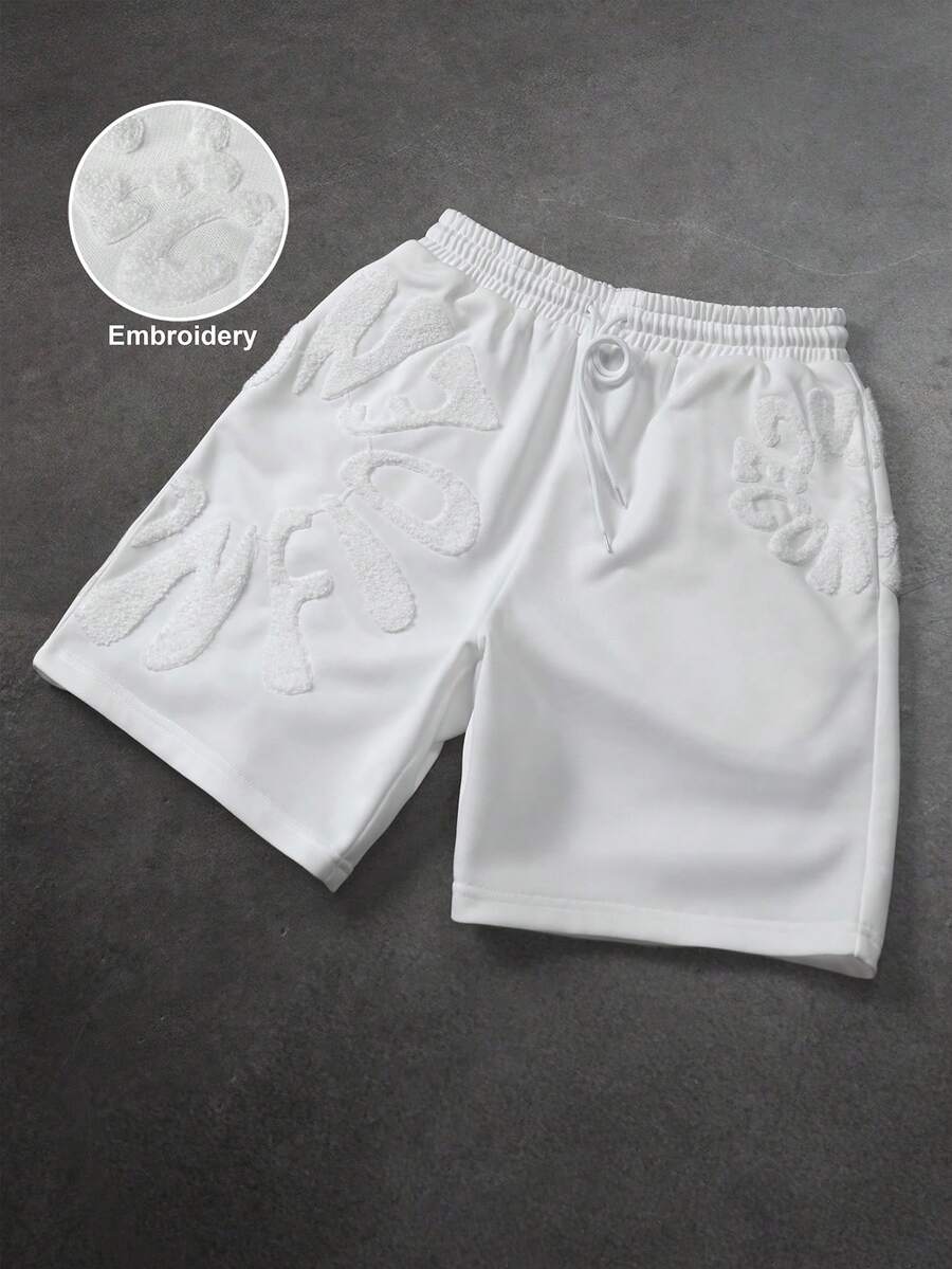 SLATEMANN 男士加大码休闲字母刺绣短裤，夏季 - 白色 - 查看 1