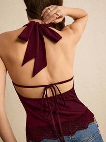 Poéselle Áo tank top nữ màu trơn cổ tròn không tay ôm sát phối ren thời trang mùa hè, áo tank top nữ cổ yếm ren, áo cổ yếm có ren cho nữ, áo cho quý cô, áo nữ thường ngày. - Màu Đỏ Sâu - Xem 4