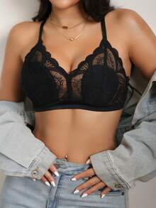 1 chiếc áo ngực không gọng, ren, cúp mềm mại, thoải mái, nhẹ nhàng, mặc hàng ngày. - màu đen - Xem 3